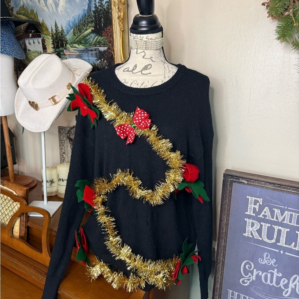 Handmade Christmas Festive Black Sweater with Gold and Red Accents